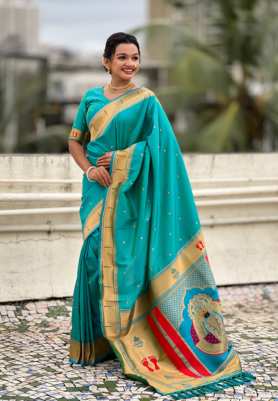 Aqua Blue Zari Woven Mahalaxmi God Paithani Silk Saree