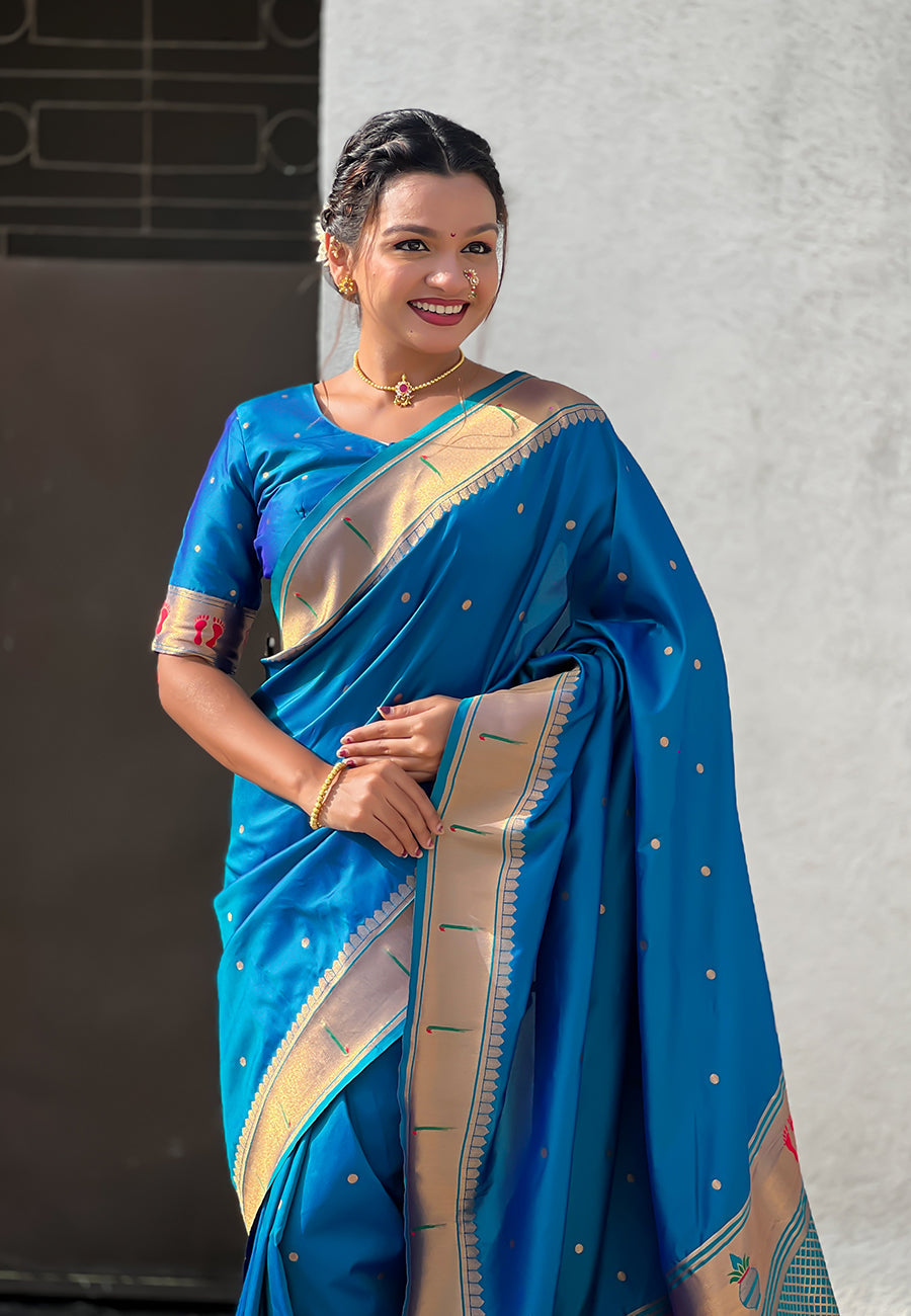 Blue Zari Woven Mahalaxmi God Paithani Silk Saree