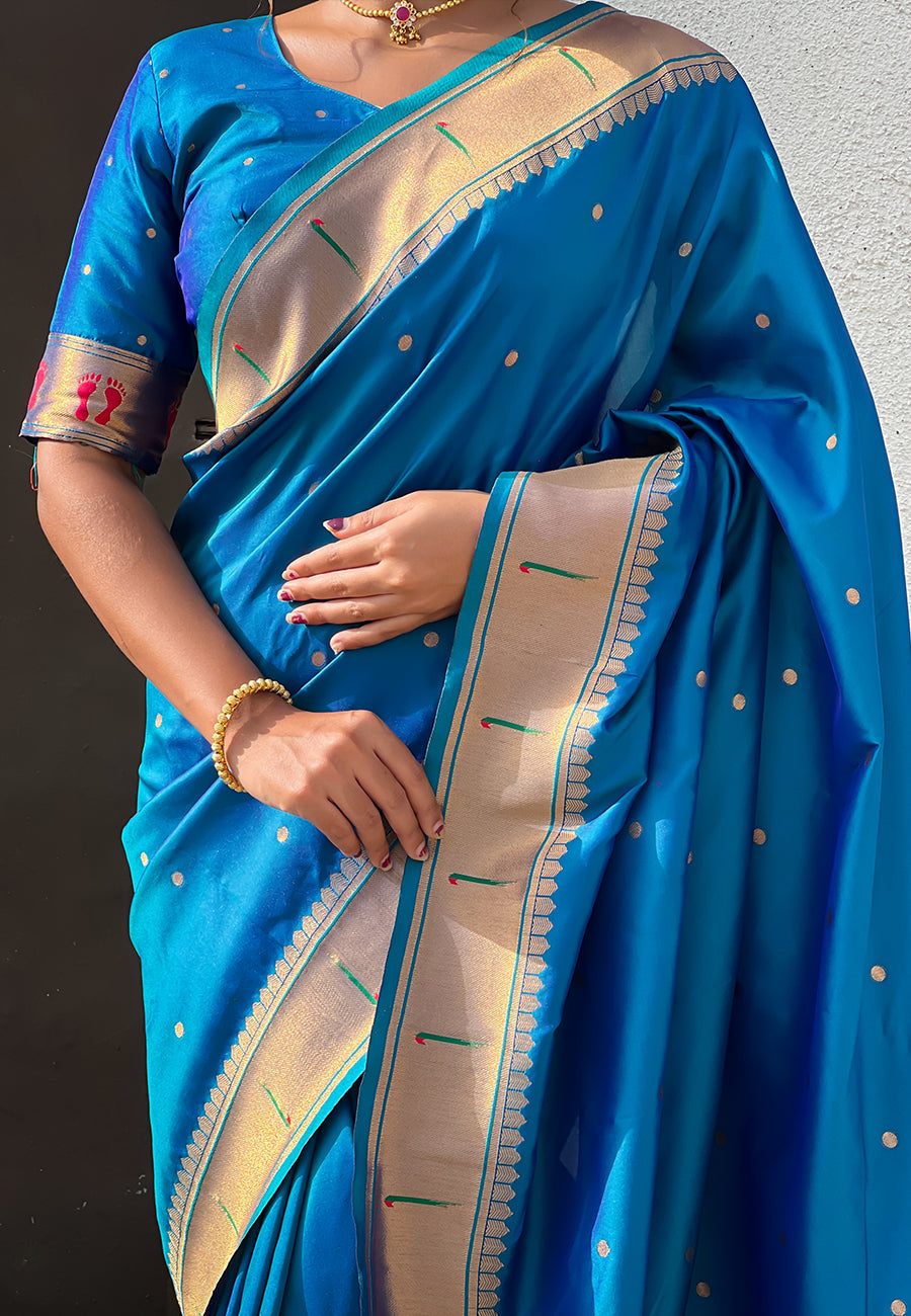Blue Zari Woven Mahalaxmi God Paithani Silk Saree