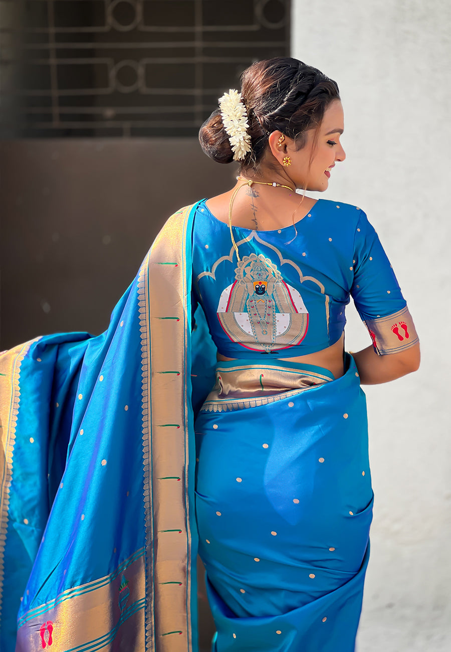 Blue Zari Woven Mahalaxmi God Paithani Silk Saree
