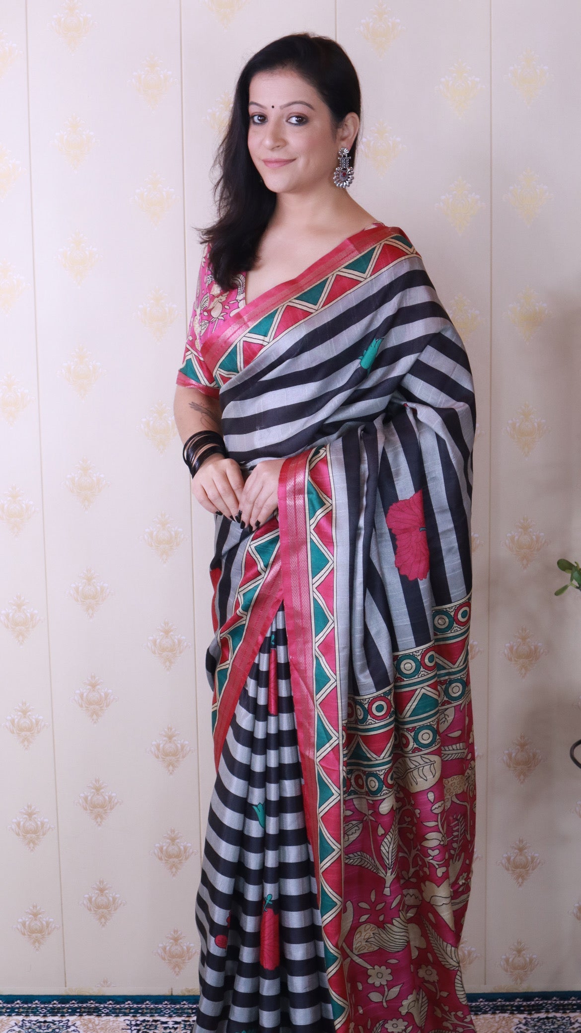 Grey Soft Tussar Silk Striped Traditional Printed Zari Woven Saree
