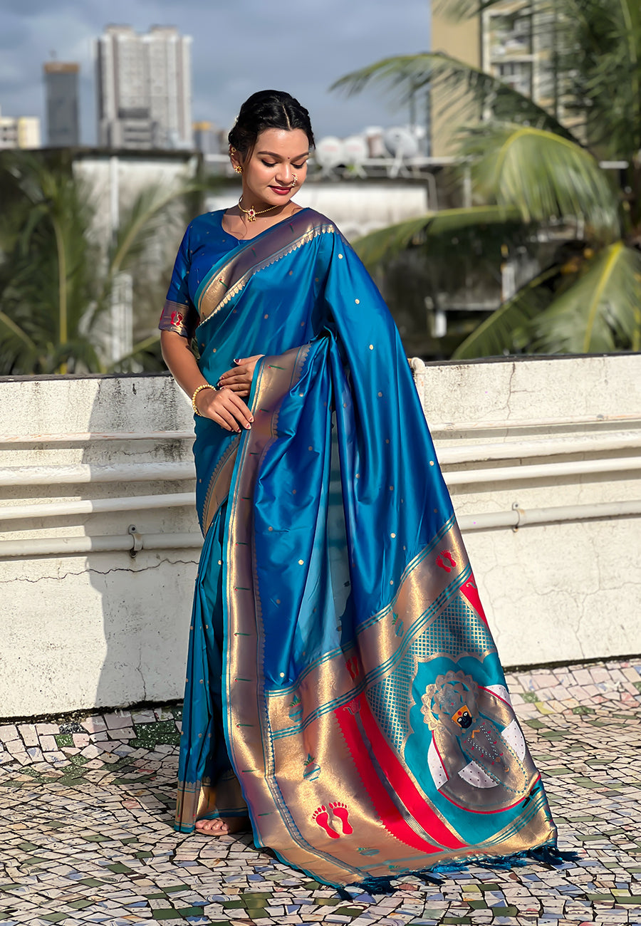 Blue Zari Woven Mahalaxmi God Paithani Silk Saree
