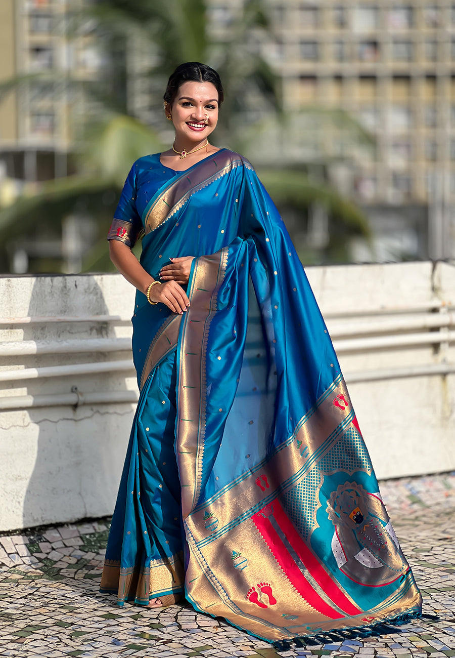 Blue Zari Woven Mahalaxmi God Paithani Silk Saree