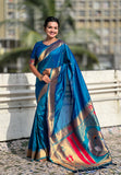 Blue Zari Woven Mahalaxmi God Paithani Silk Saree