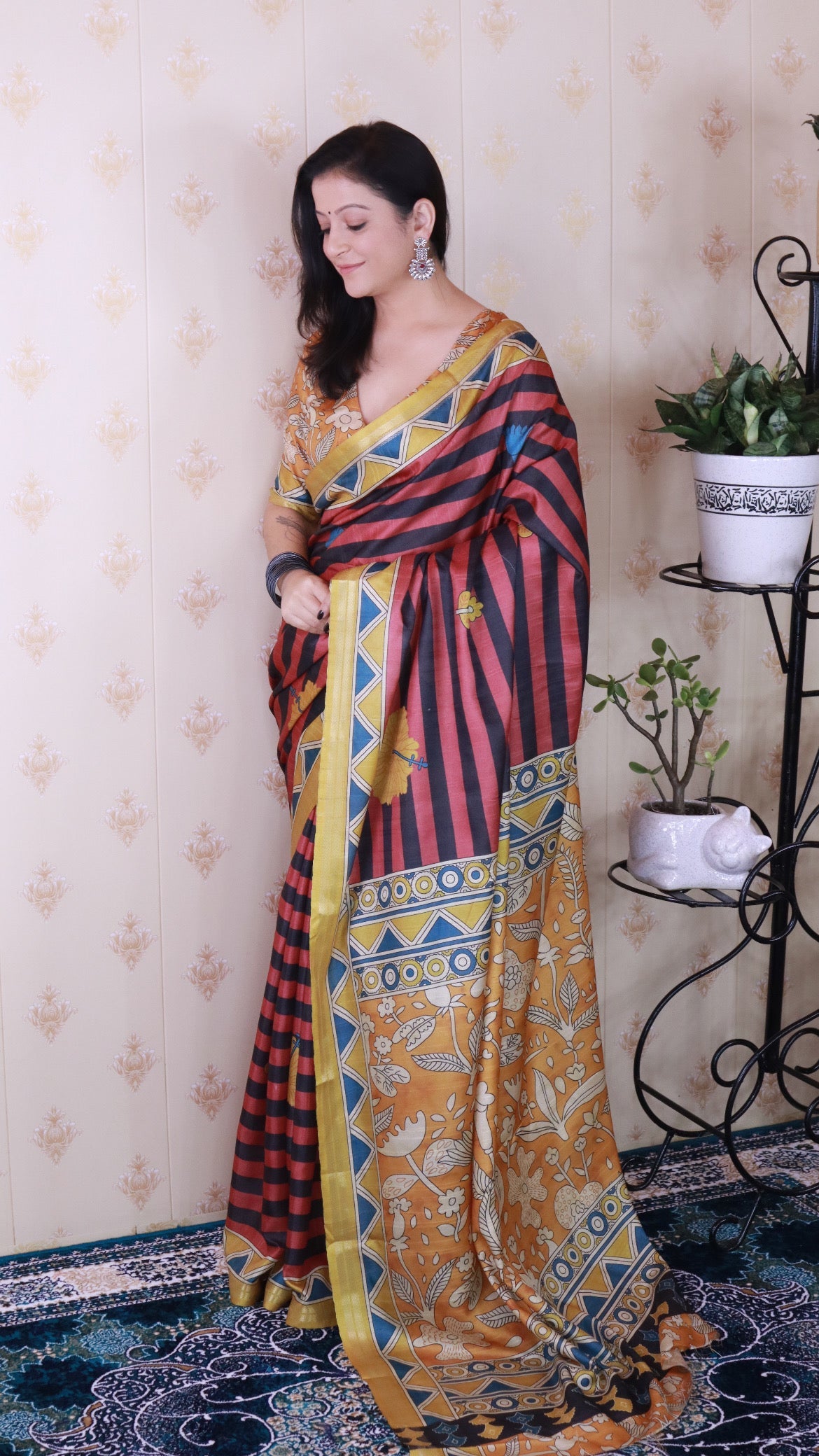 Red Soft Tussar Silk Striped Traditional Printed Zari Woven Saree
