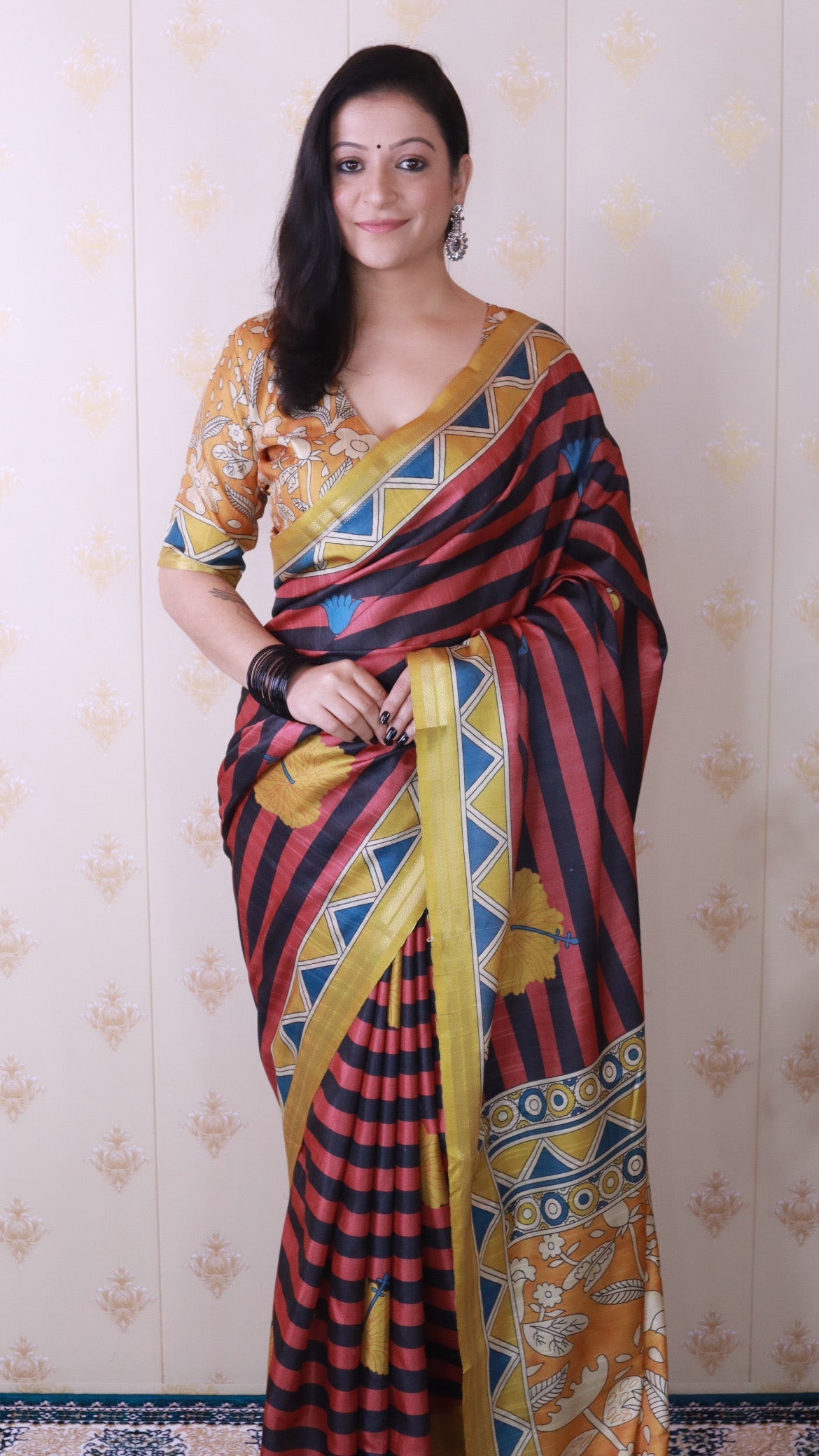 Red Soft Tussar Silk Striped Traditional Printed Zari Woven Saree