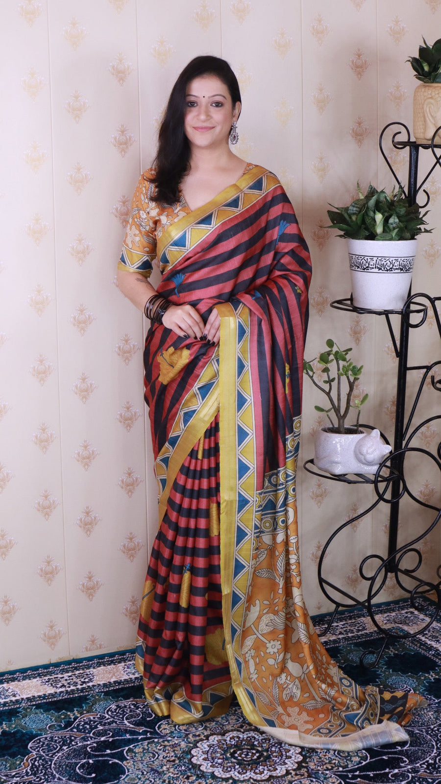 Red Soft Tussar Silk Striped Traditional Printed Zari Woven Saree