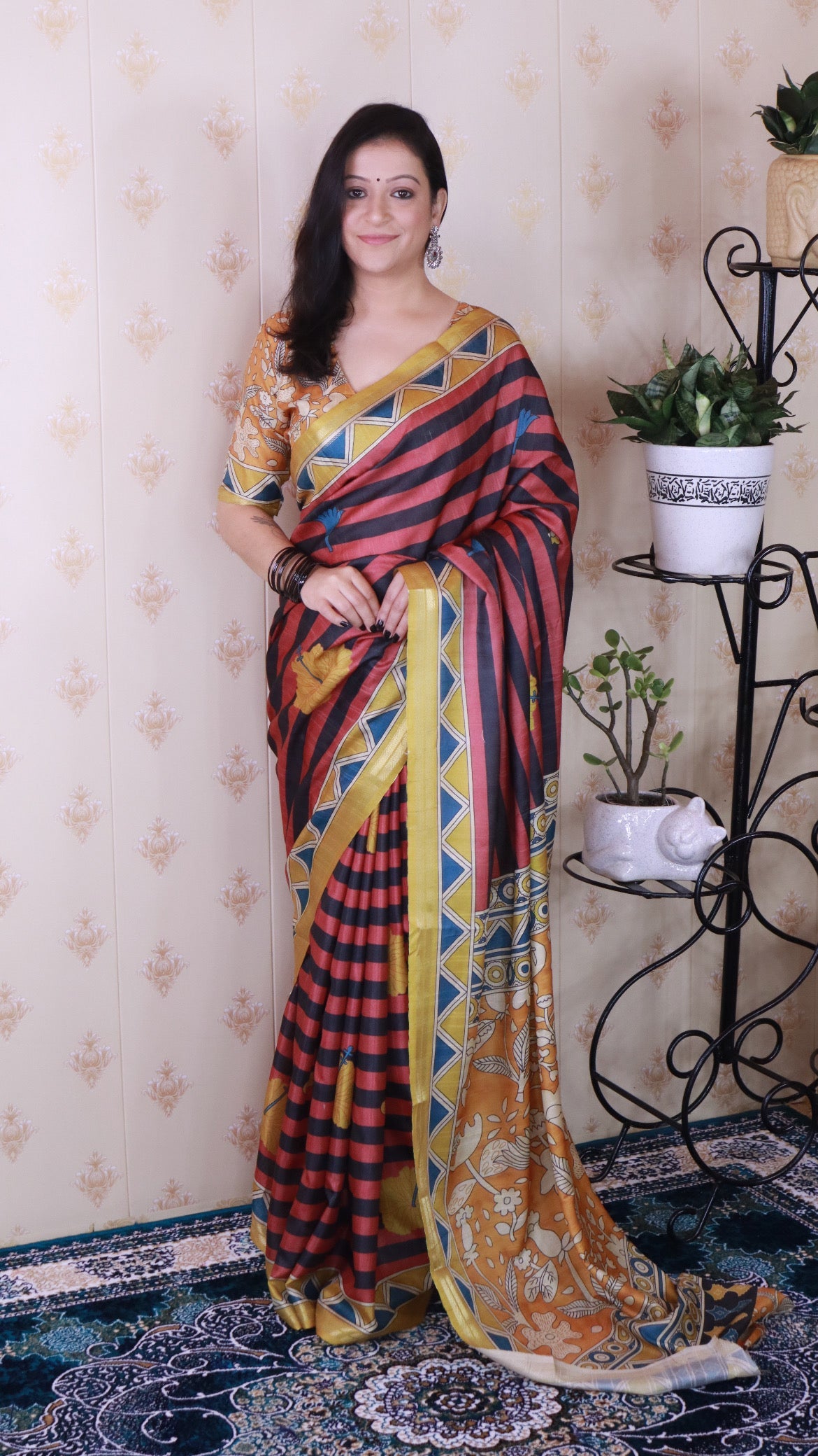 Red Soft Tussar Silk Striped Traditional Printed Zari Woven Saree