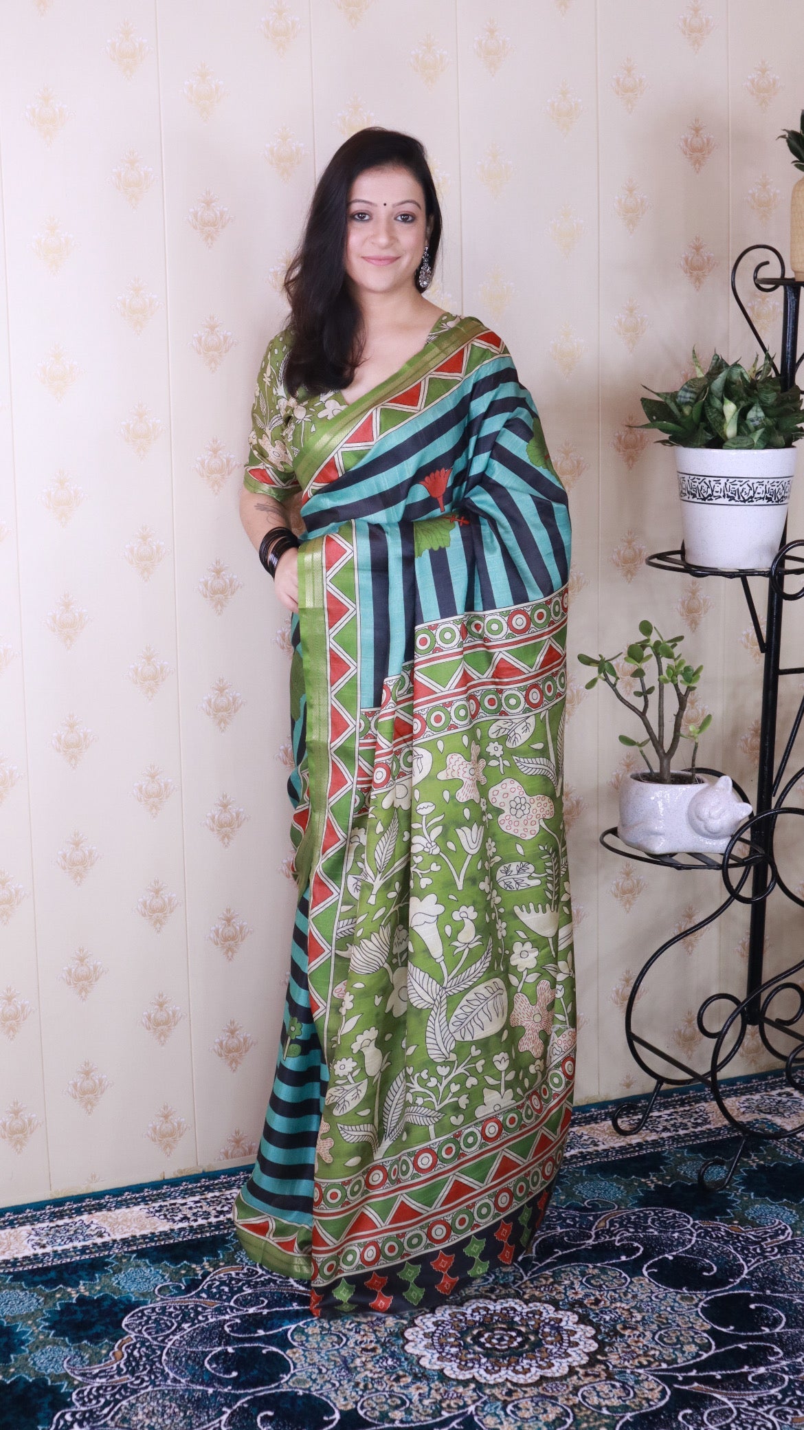 Aqua Blue Soft Tussar Silk Striped Traditional Printed Zari Woven Saree