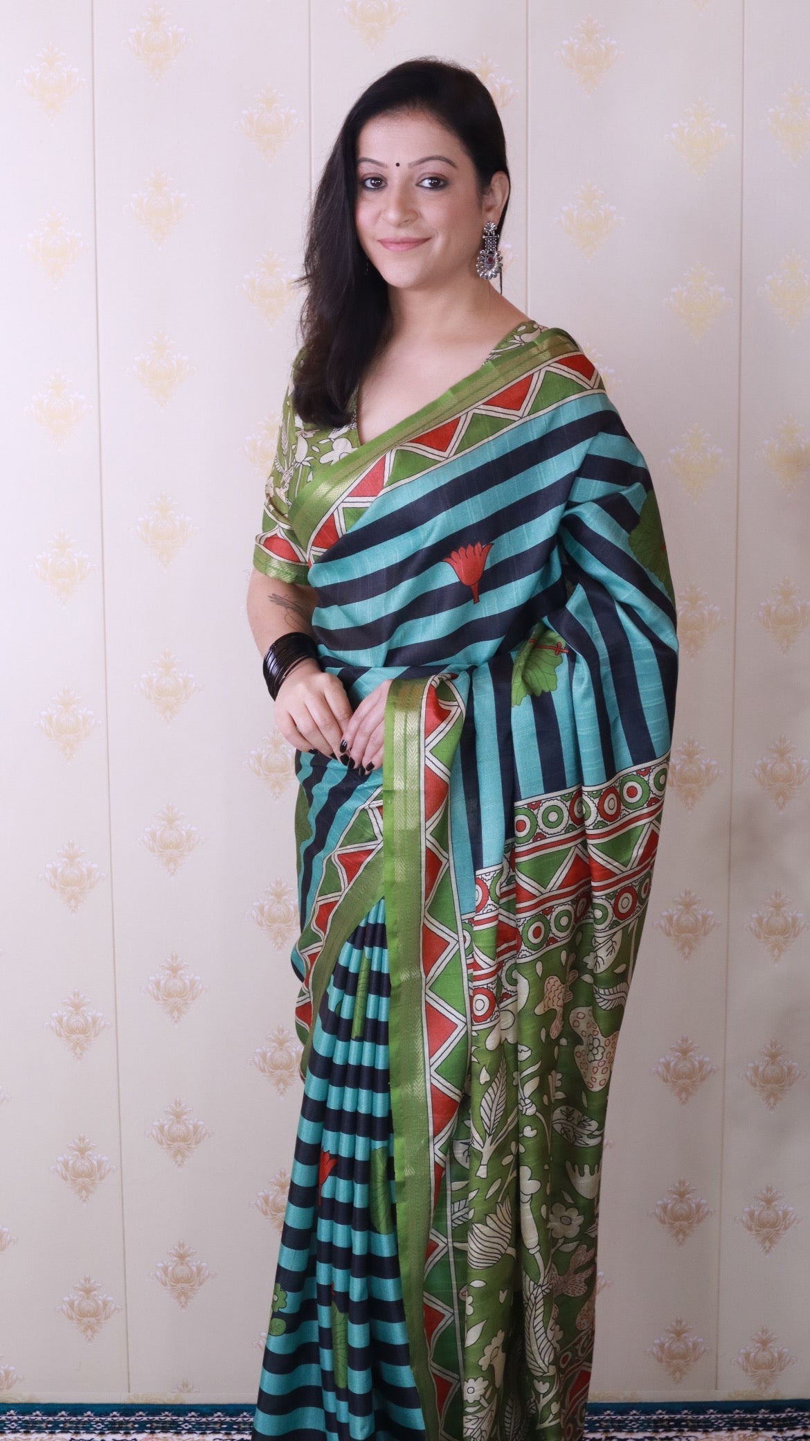 Aqua Blue Soft Tussar Silk Striped Traditional Printed Zari Woven Saree