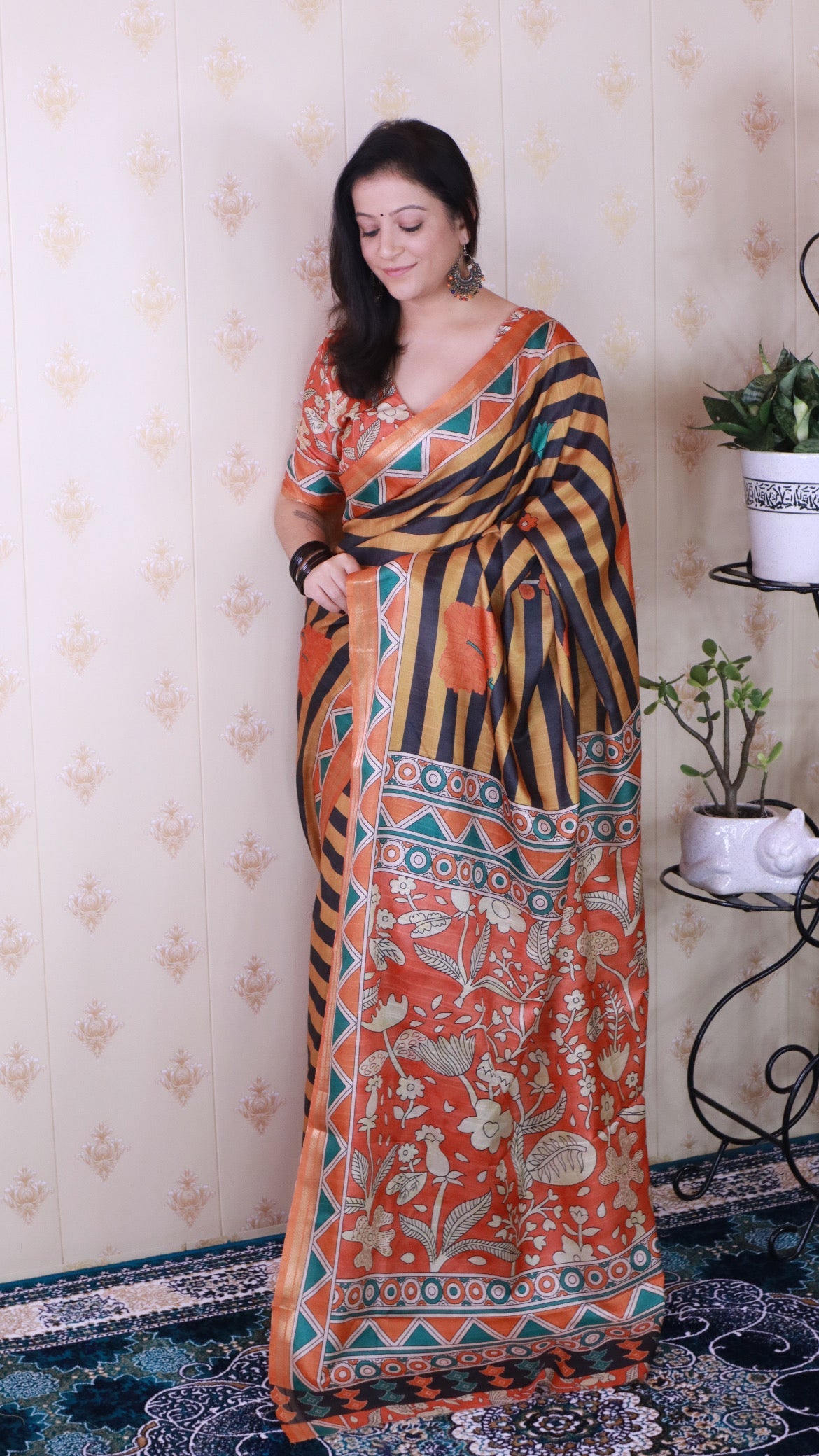 Orange Soft Tussar Silk Striped Traditional Printed Zari Woven Saree