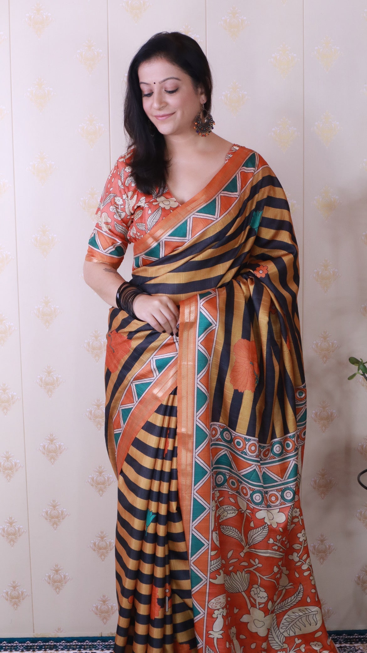 Orange Soft Tussar Silk Striped Traditional Printed Zari Woven Saree