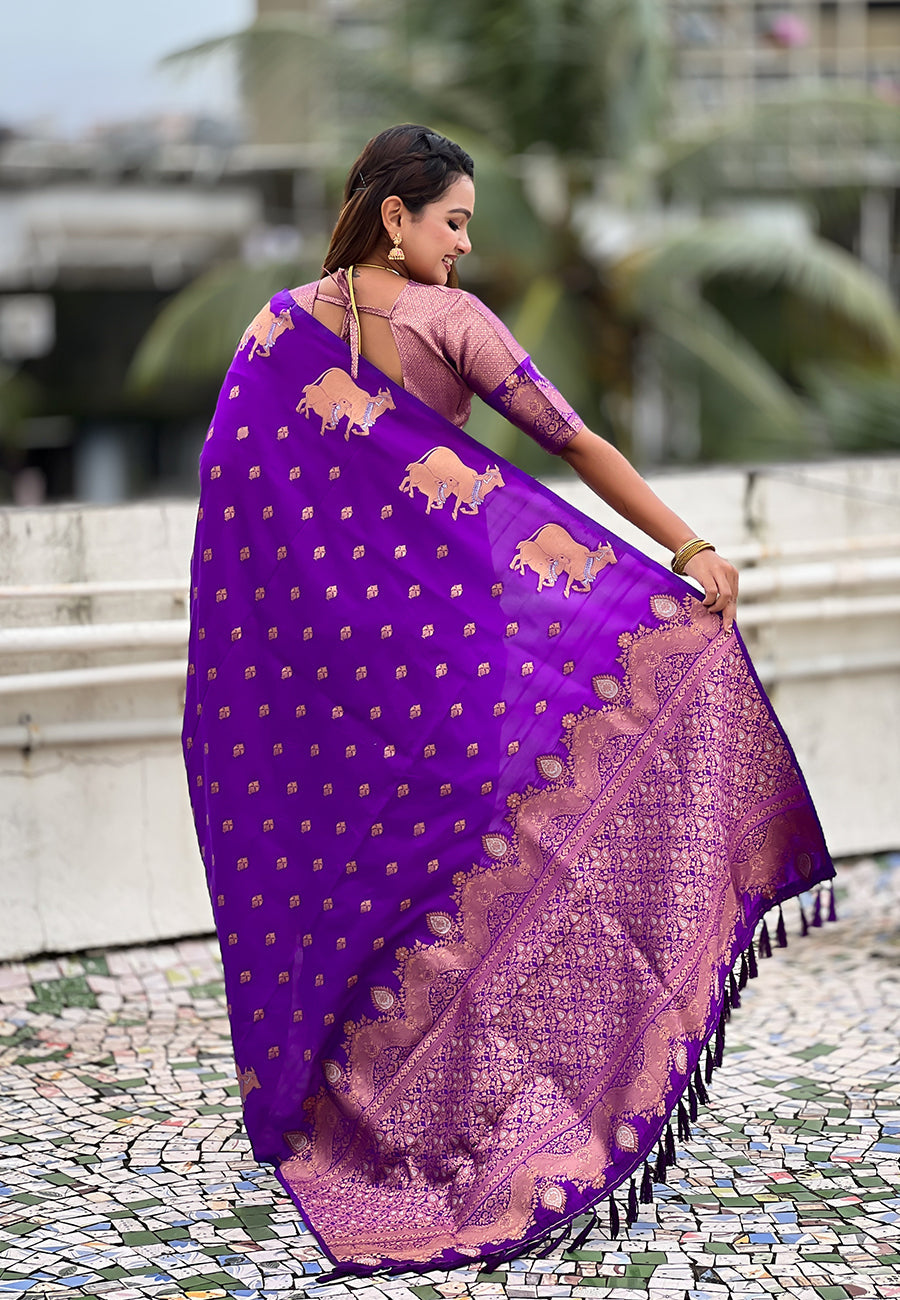 Purple Soft Silk Dual Zari Woven Saree with Nandi Border