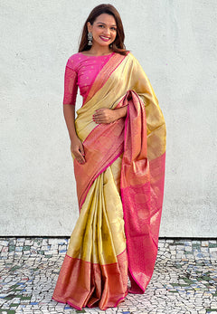 Yellow Kanjivaram Soft Tissue Silk Leheriya Traditional Zari Woven Saree