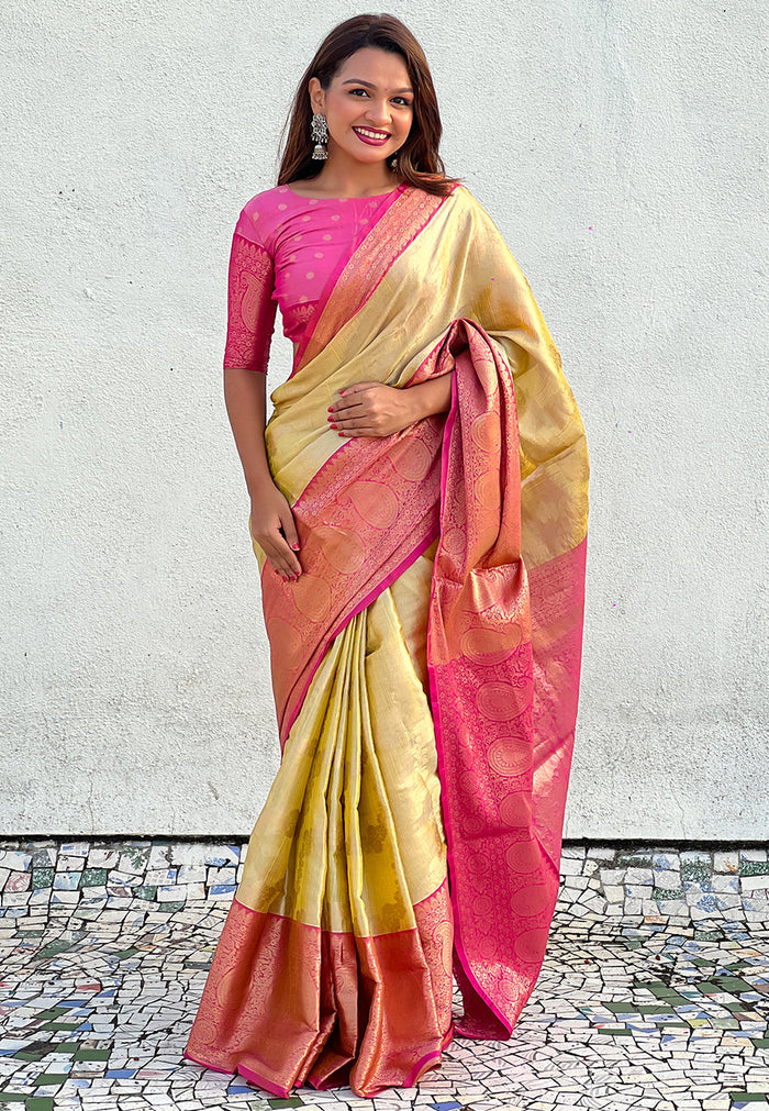 Yellow Kanjivaram Soft Tissue Silk Leheriya Traditional Zari Woven Saree