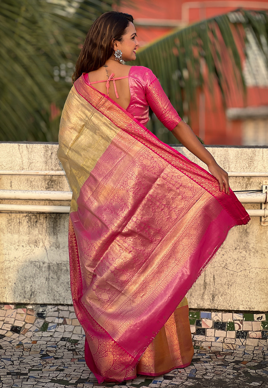 Yellow Kanjivaram Soft Tissue Silk Leheriya Traditional Zari Woven Saree