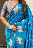 Rama Blue Soft Silk Dual Zari Woven Saree with Nandi Border