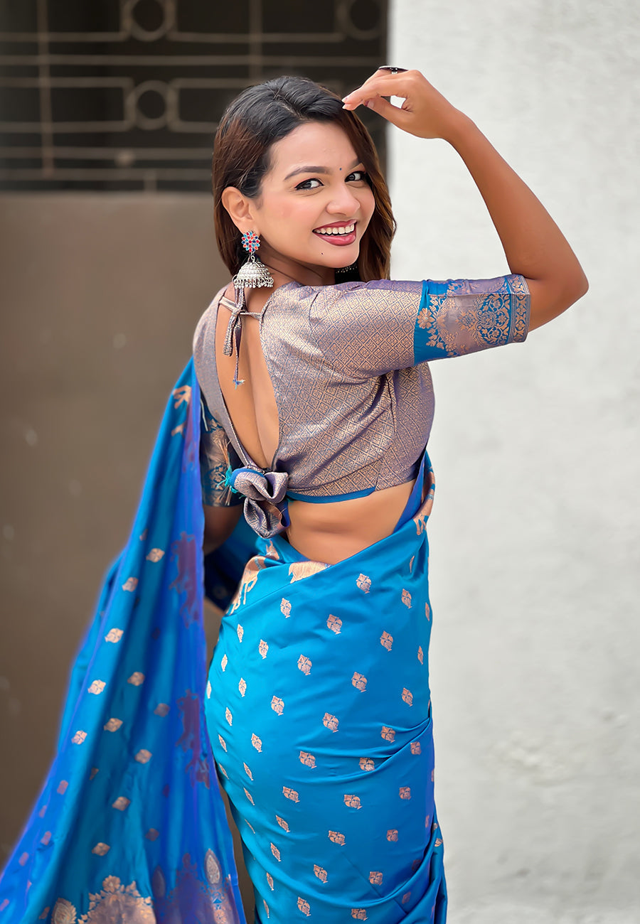 Rama Blue Soft Silk Dual Zari Woven Saree with Nandi Border
