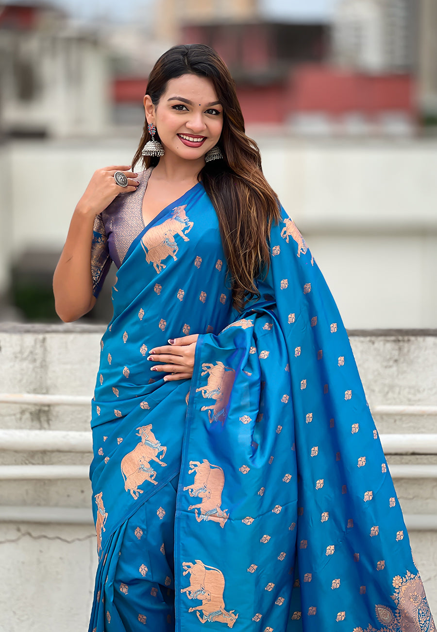 Rama Blue Soft Silk Dual Zari Woven Saree with Nandi Border