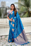 Rama Blue Soft Silk Dual Zari Woven Saree with Nandi Border