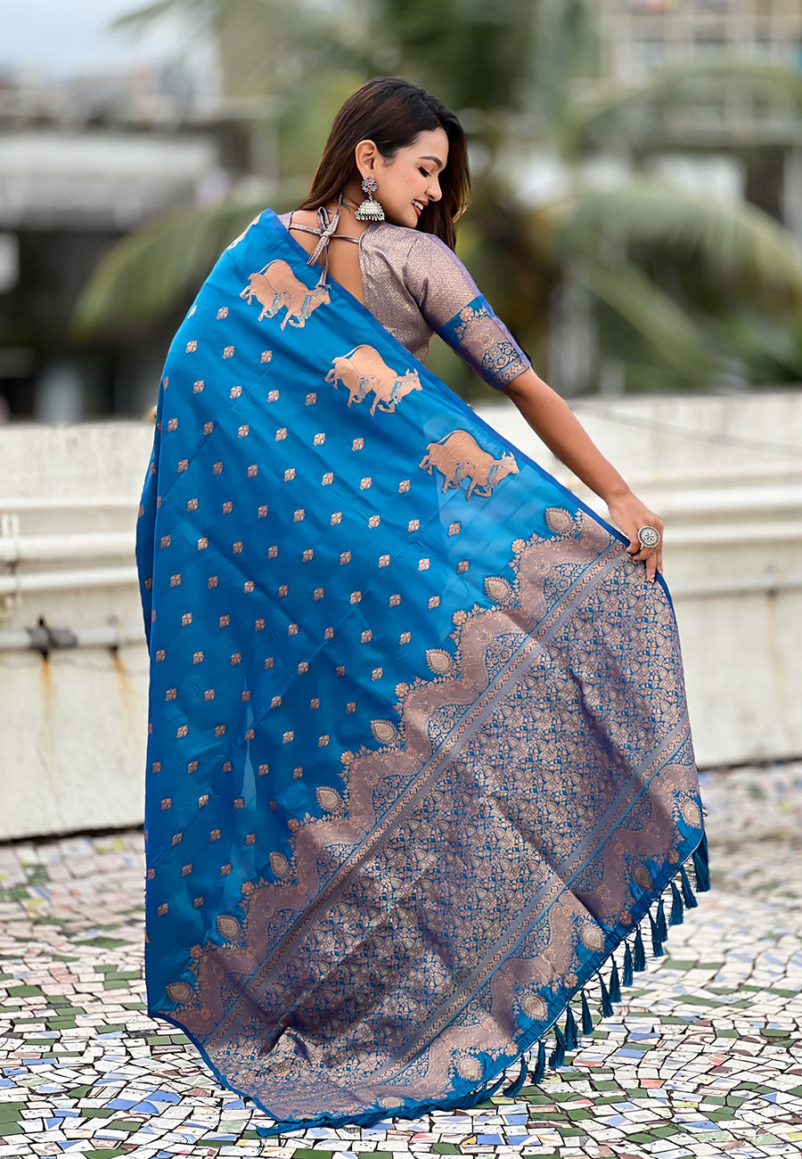 Rama Blue Soft Silk Dual Zari Woven Saree with Nandi Border