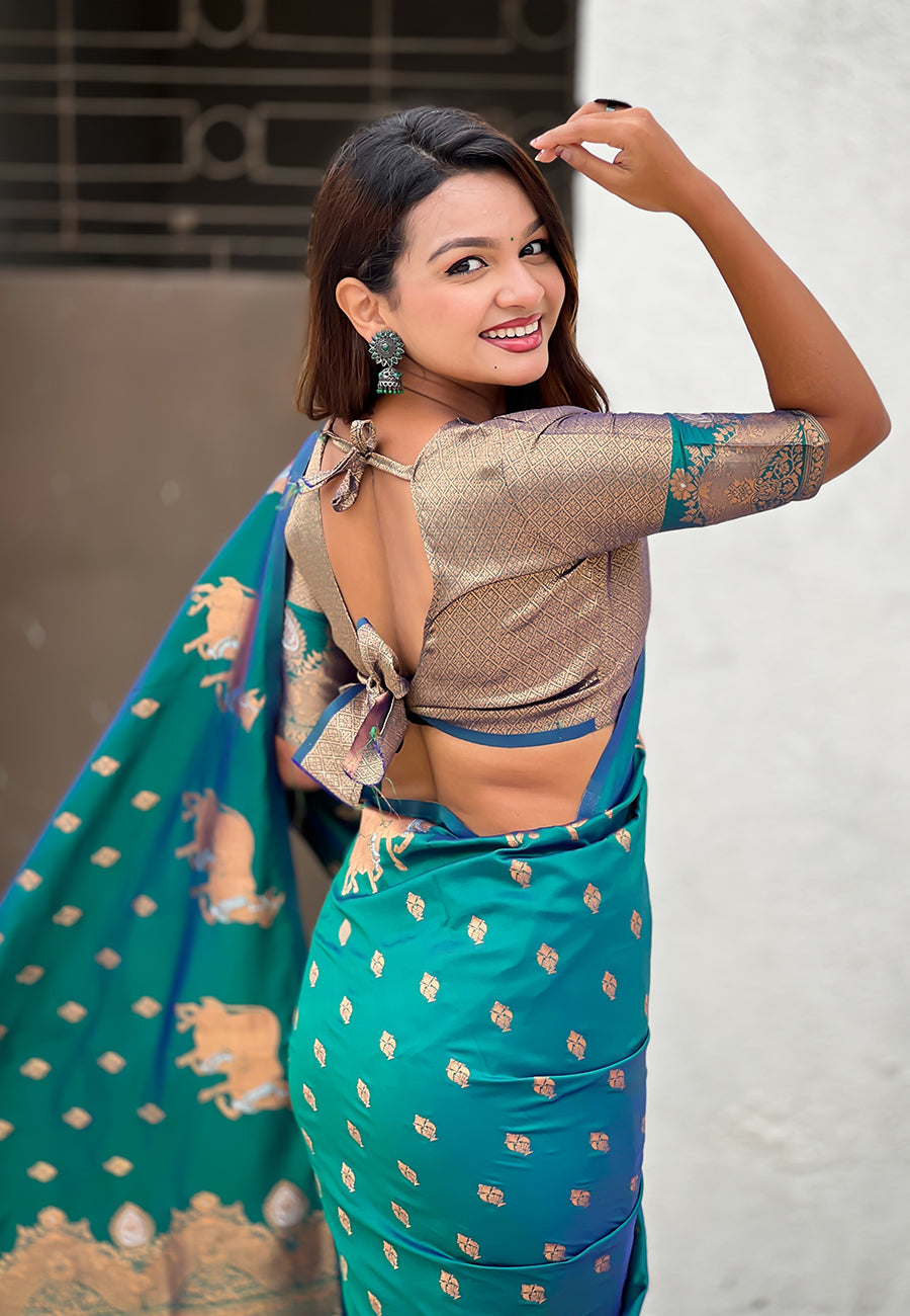 Green Soft Silk Dual Zari Woven Saree with Nandi Border