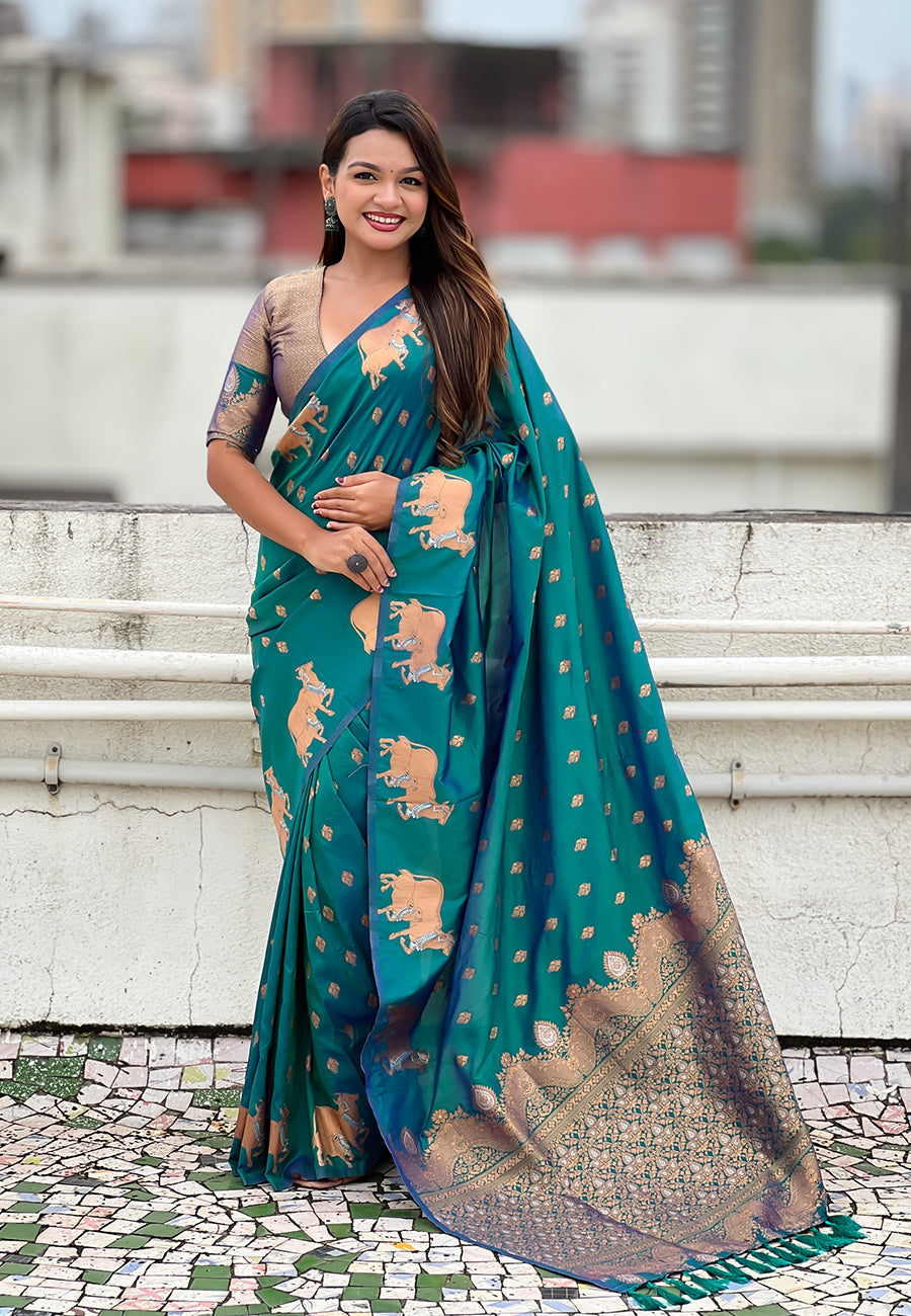 Green Soft Silk Dual Zari Woven Saree with Nandi Border