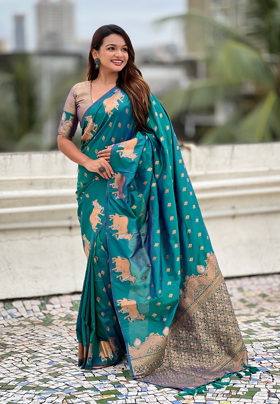 Green Soft Silk Dual Zari Woven Saree with Nandi Border