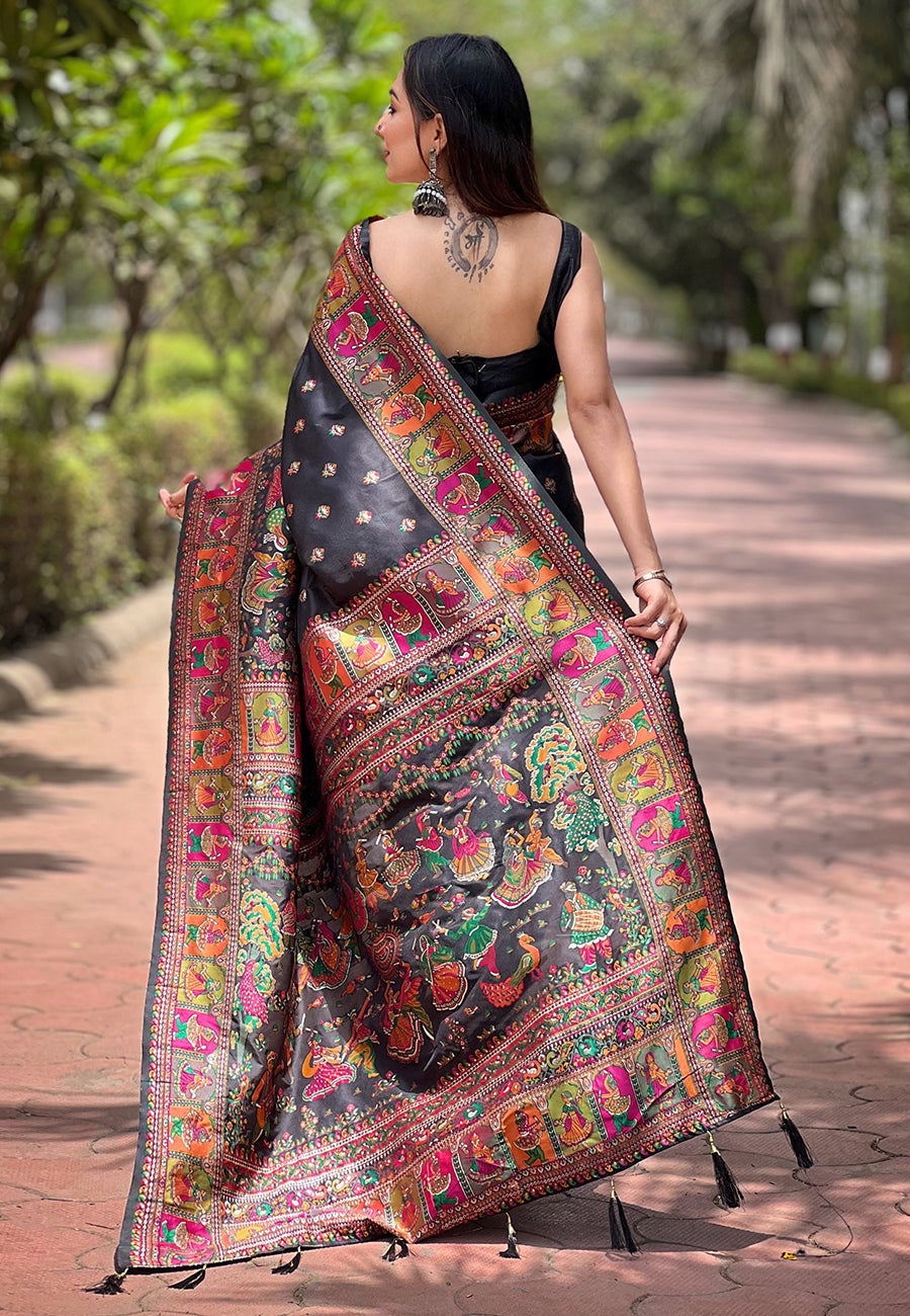 Jade Black Pashmina Kashmiri Silk Zari Woven Saree