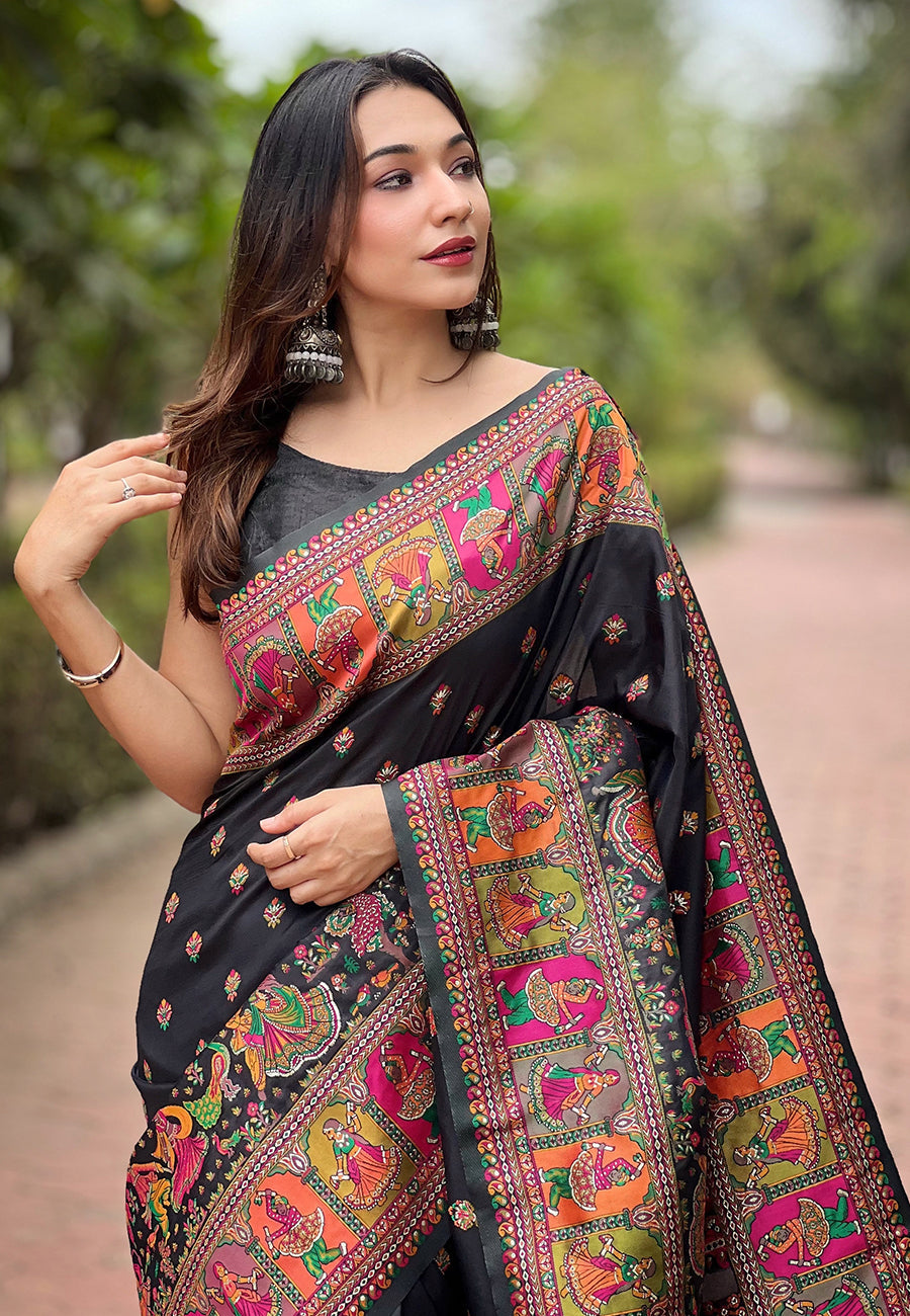 Jade Black Pashmina Kashmiri Silk Zari Woven Saree