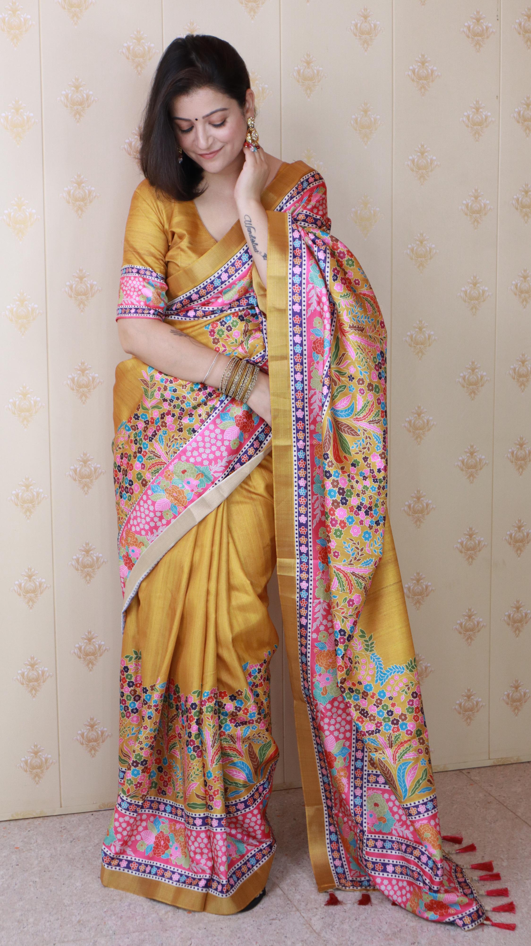 Gold Tussar Silk Floral Printed Saree with Zari Woven Border