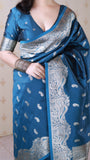 Blue Banarasi Soft Silk Silver Zari Woven Saree