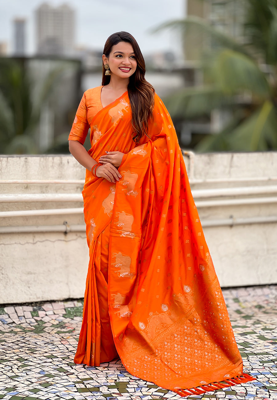 Orange Soft Silk Dual Zari Woven Saree with Nandi Border