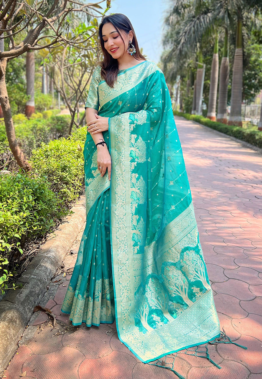 Sea Green Organza Floral Rainbow Zari Woven Unique Saree with Unstitched Blouse