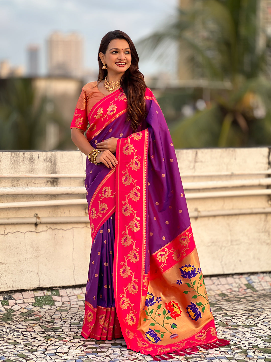 Purple with Pink Soft Silk Lotus Paithani Saree