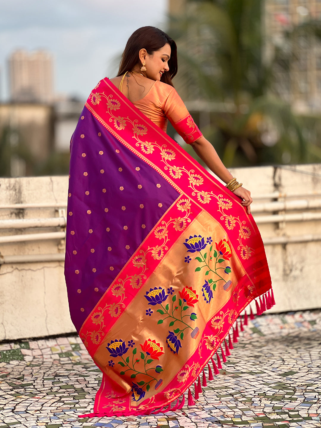 Purple with Pink Soft Silk Lotus Paithani Saree