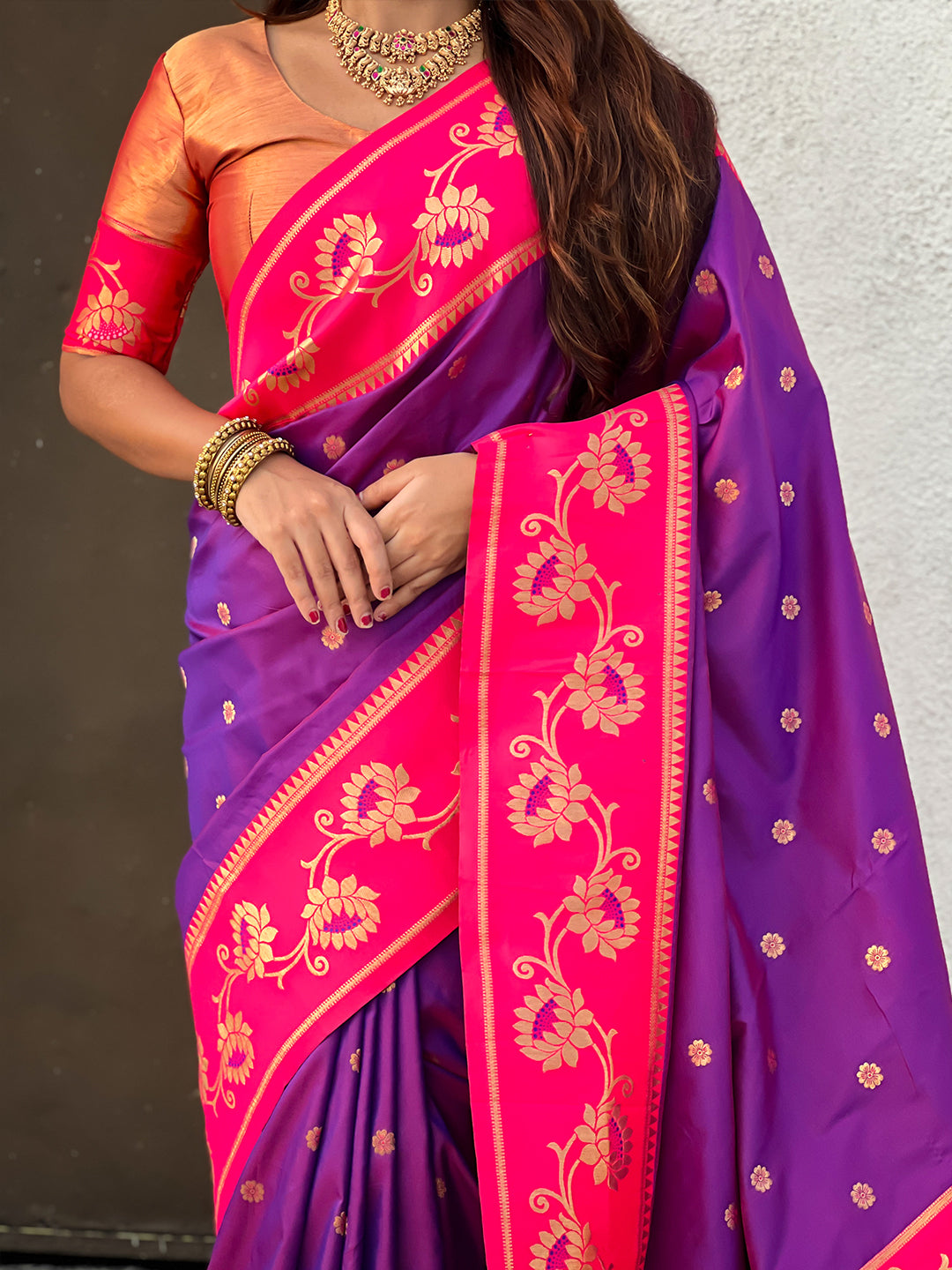 Purple with Pink Soft Silk Lotus Paithani Saree