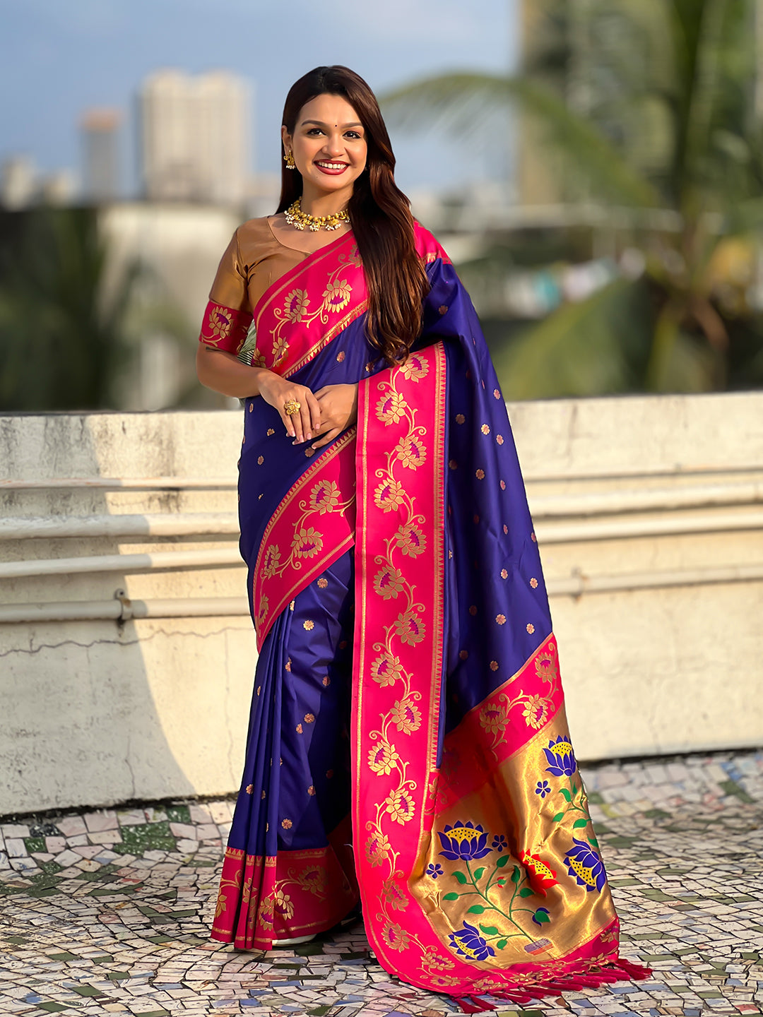 Violet Soft Silk Lotus Paithani Saree