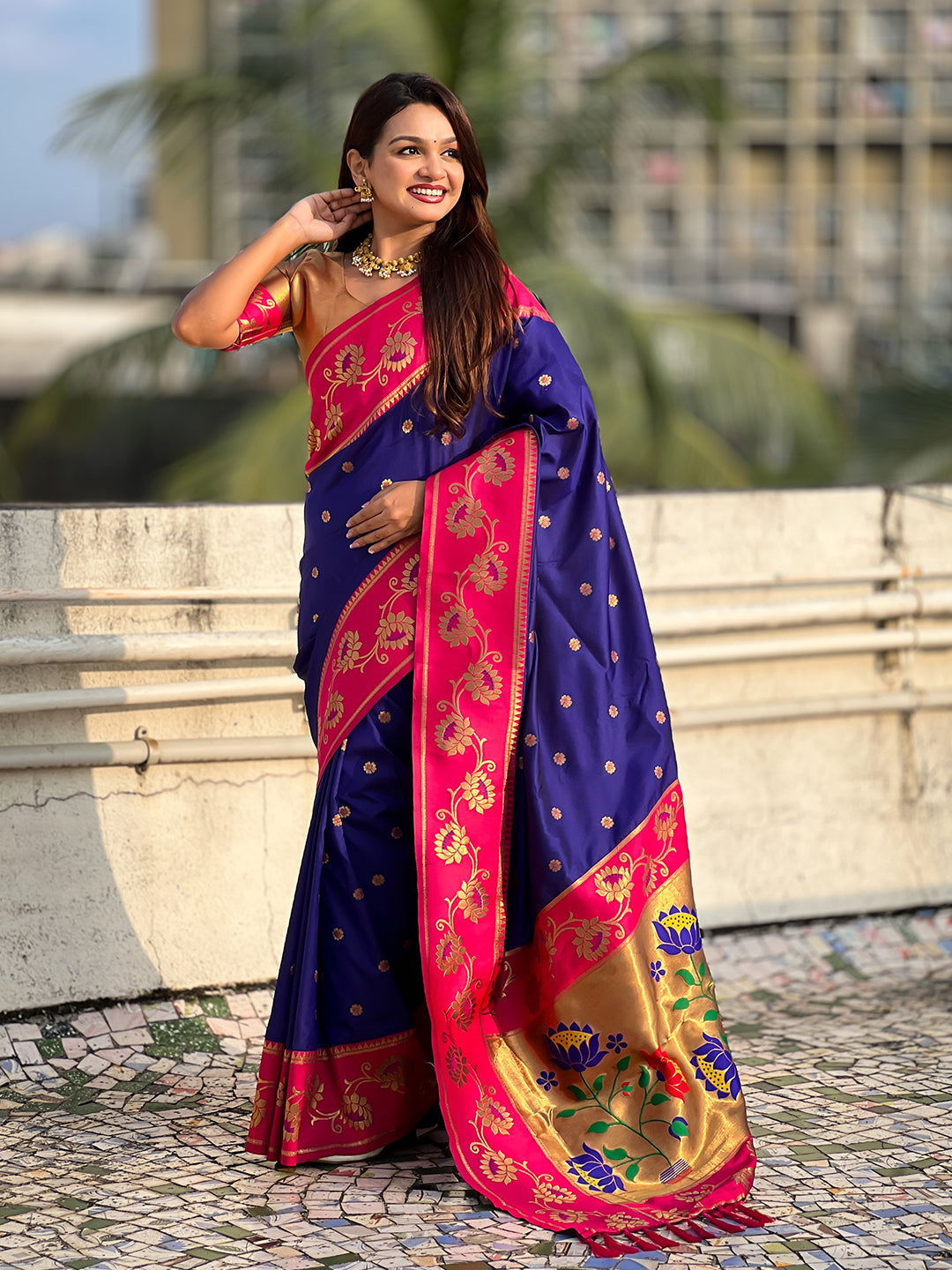 Violet Soft Silk Lotus Paithani Saree