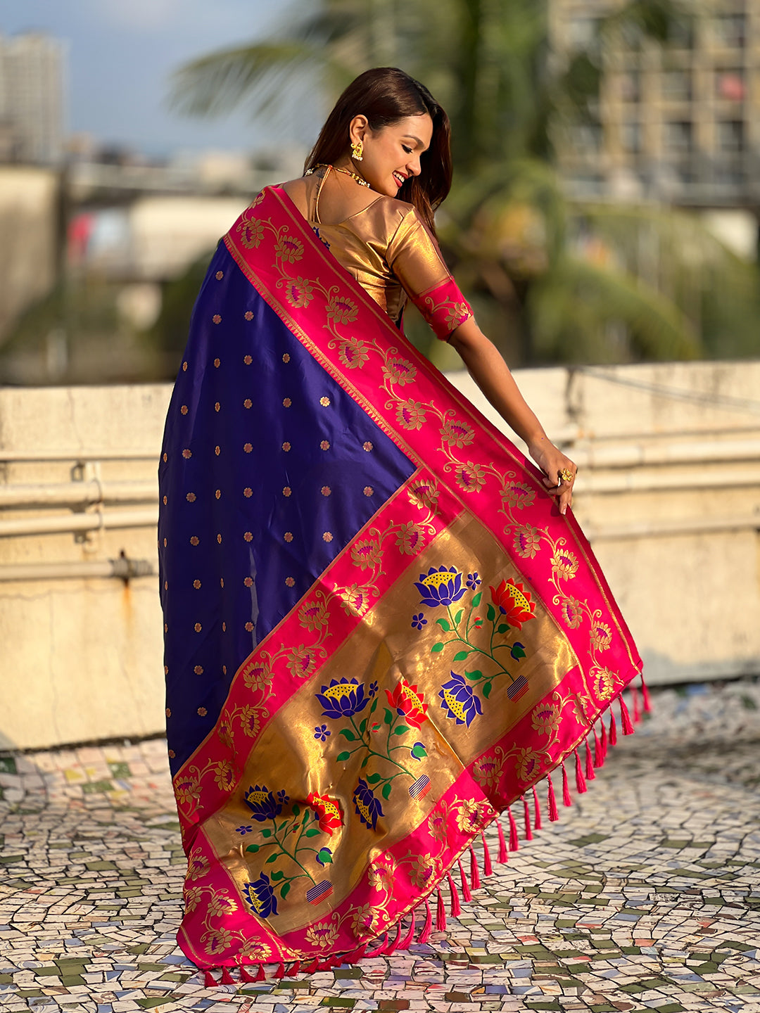 Violet Soft Silk Lotus Paithani Saree