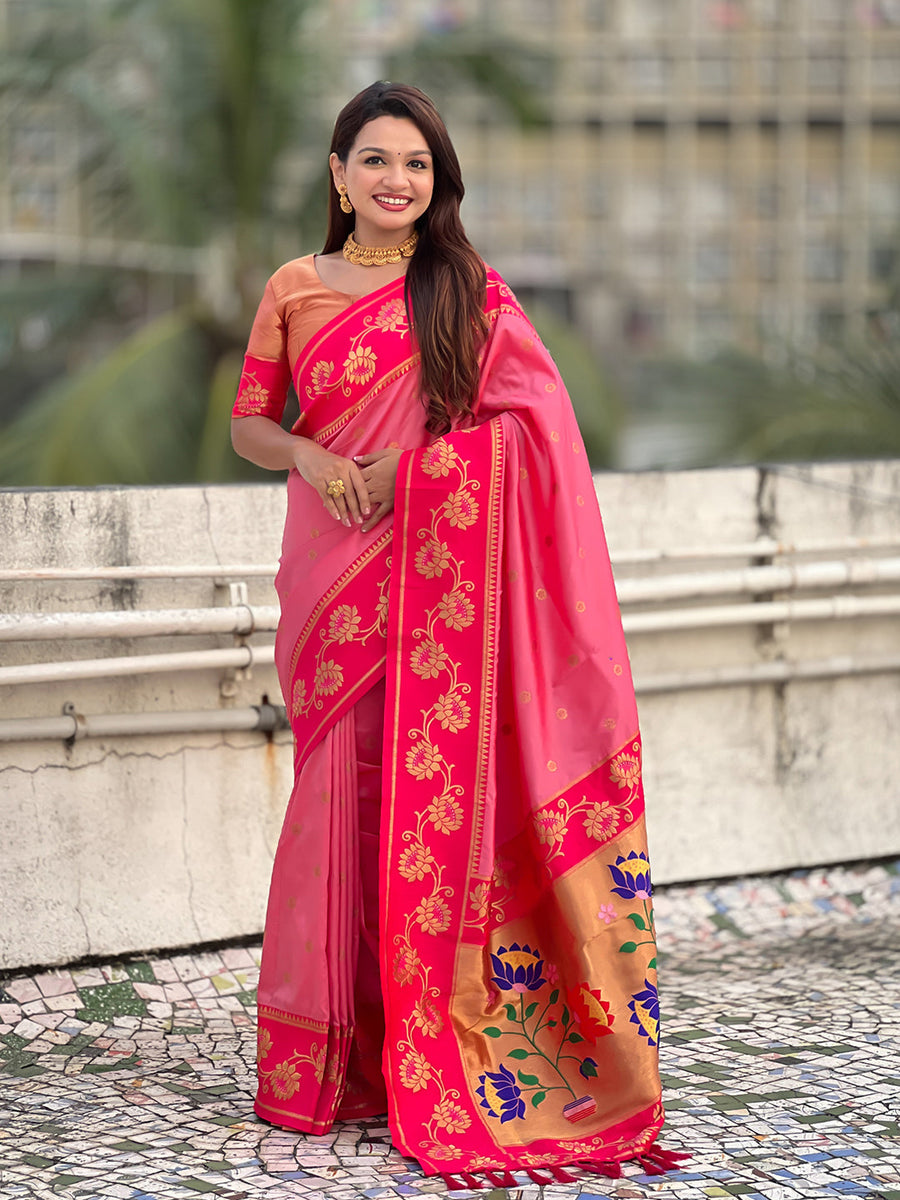 Baby Pink Soft Silk Lotus Paithani Saree