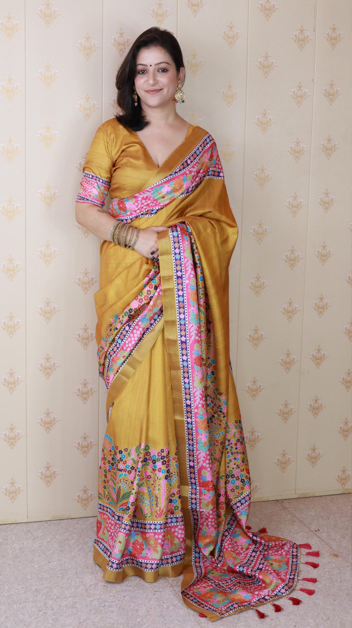 Gold Tussar Silk Floral Printed Saree with Zari Woven Border