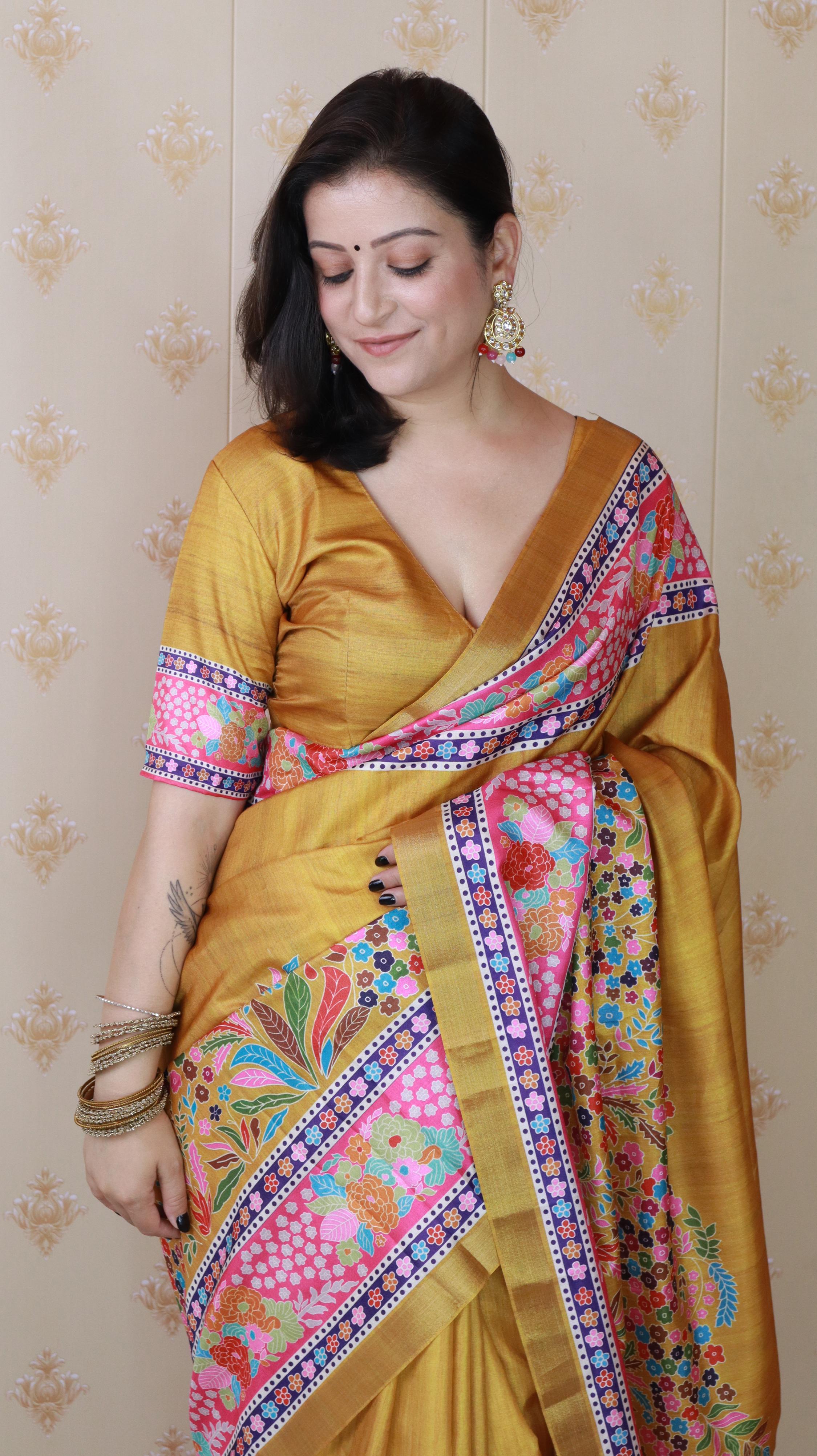 Gold Tussar Silk Floral Printed Saree with Zari Woven Border