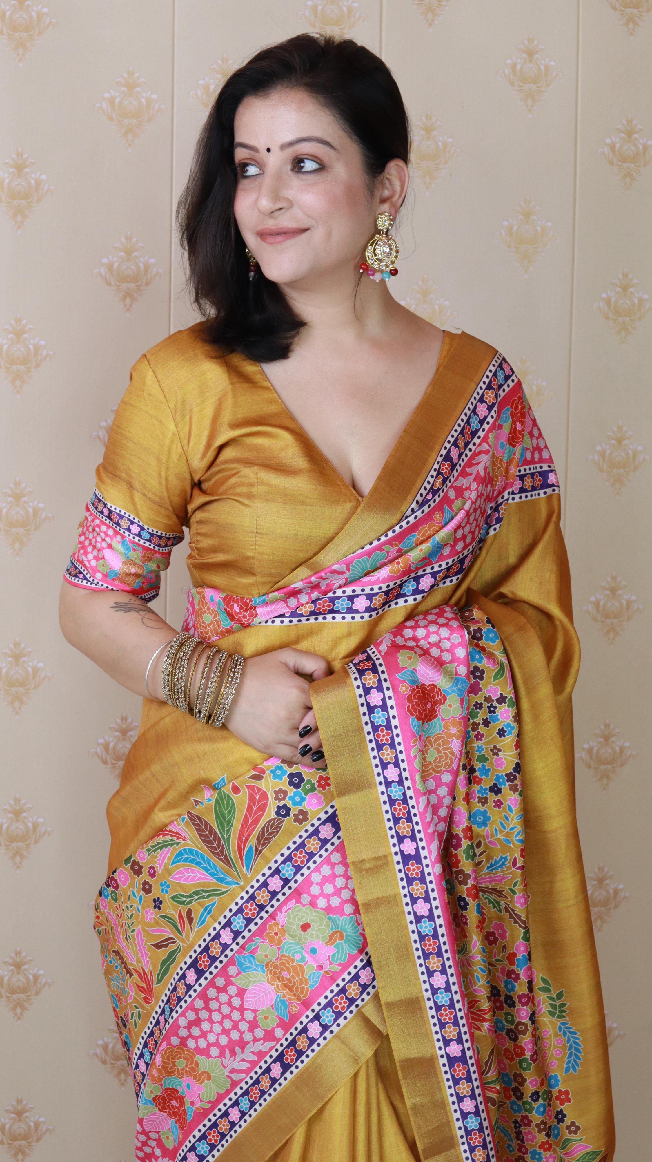 Gold Tussar Silk Floral Printed Saree with Zari Woven Border