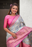 Grey Kanjivaram Soft Tissue Silk Leheriya Traditional Zari Woven Saree