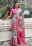 Grey Kanjivaram Soft Tissue Silk Leheriya Traditional Zari Woven Saree