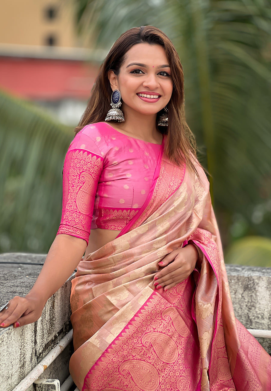 Peach Kanjivaram Soft Tissue Silk Leheriya Traditional Zari Woven Saree