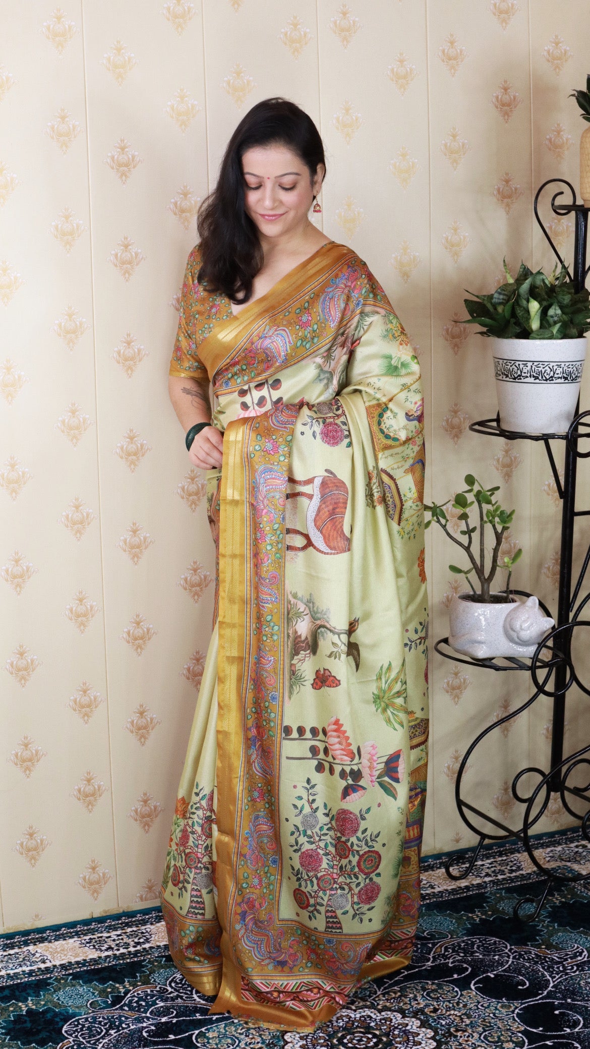 Yellow Tussar Silk Pattachitra Traditional Printed Zari Woven Saree