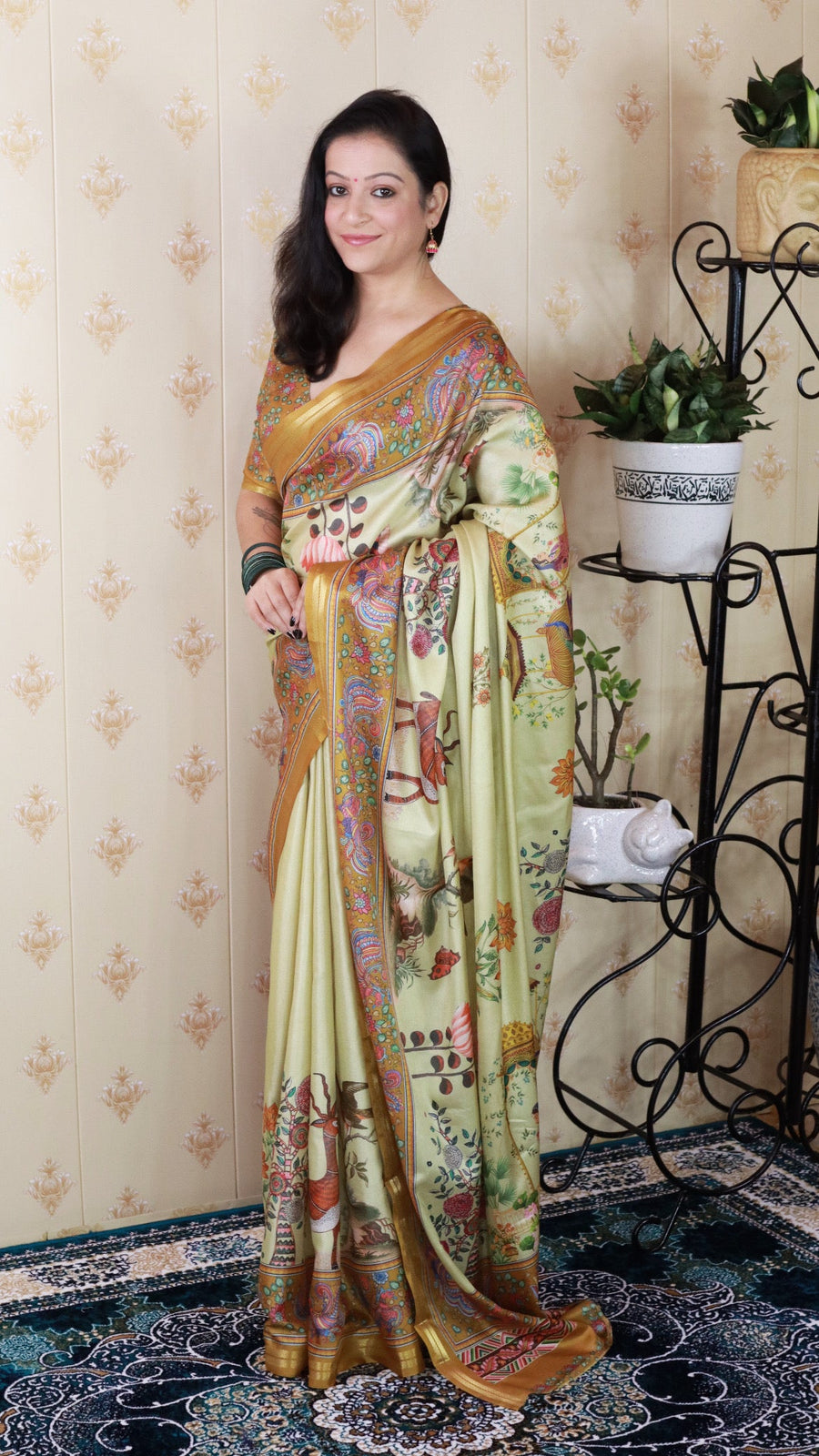 Yellow Tussar Silk Pattachitra Traditional Printed Zari Woven Saree