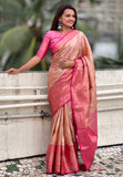 Peach Kanjivaram Soft Tissue Silk Leheriya Traditional Zari Woven Saree